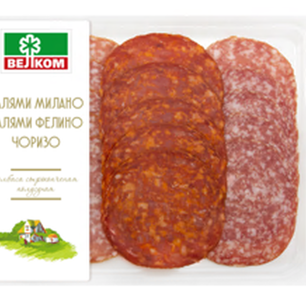 Колбасы Велком Салями Милано, салями Фелино и Чоризо сырокопченые полусухие 90г