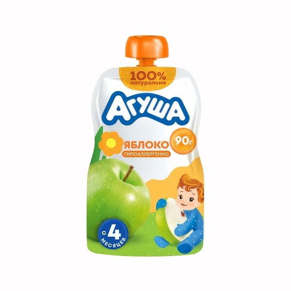 Детское фруктовое пюре Агуша Яблоко в мягкой упаковке, с 4 месяцев, 90г