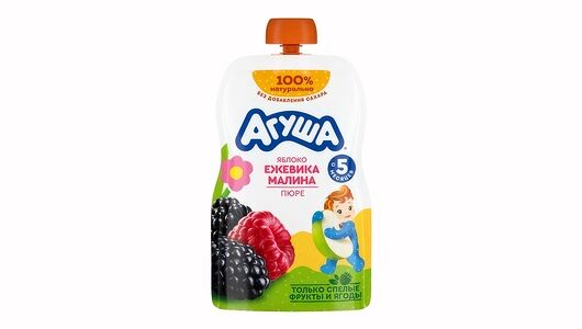Детское фруктово-ягодное пюре Агуша Яблоко-ежевика-малина, с 5 месяцев, 90г