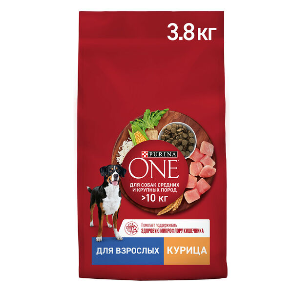 Сухой корм Purina ONE® для взрослых собак средних и крупных пород, с высоким содержанием курицы и с рисом, 3,8 кг