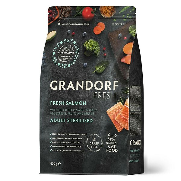 Сухой Беззерновой корм Grandorf Fresh с живыми пробиотиками для взрослых стерилизованных или пожилых кошек, лосось-батат 400 г