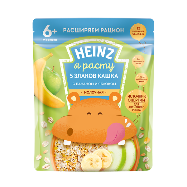 Каша 5 злаков молочная Heinz с бананом и яблоком, с 6 месяцев, 200г