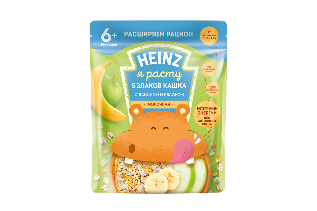 

Каша 5 злаков молочная Heinz с бананом и яблоком, с 6 месяцев, 200г