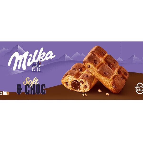 Пирожное бисквитное Milka Biscuits с шоколадной начинкой и кусочками молочного шоколада, 175 г