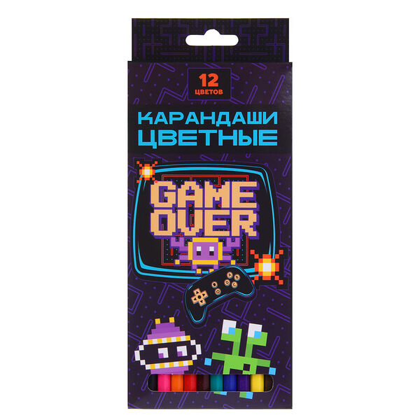 Гейм овер карандаши 12 цветов шестигранные заточенные, улучшенное письмо, пластик, в карт.коробке