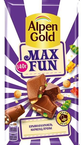 Шоколад Alpen Gold Max Fan Молочный Взрывная карамель Мармелад Печенье140г