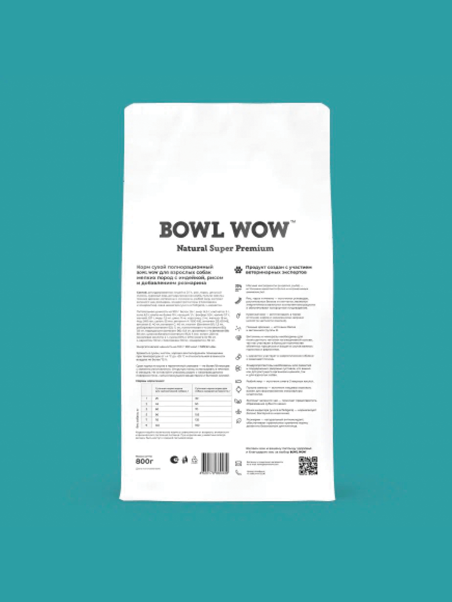 

Сухой корм для собак мелких пород Bowl Wow с индейкой рисом розмарином 800 г