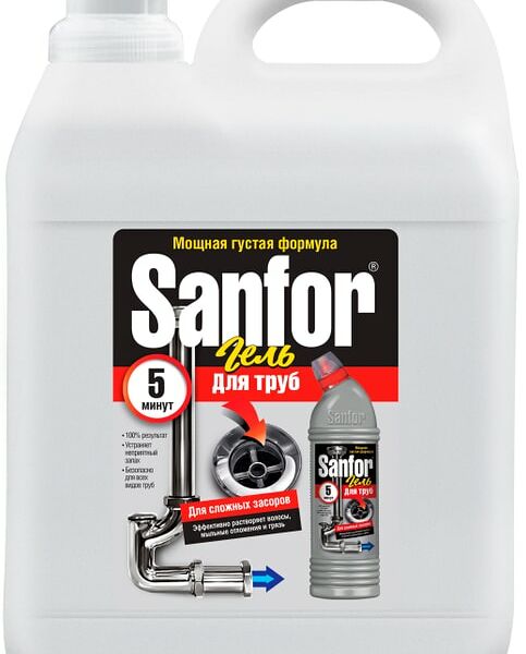 Средство для удаления засоров Sanfor для канализационных труб 5л