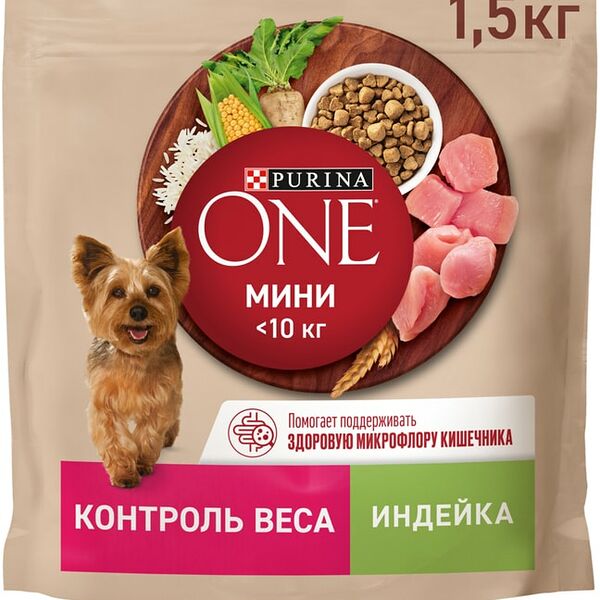 Сухой корм для собак Purina ONE для мелких пород склонных к набору веса с индейкой и рисом 1.5кг
