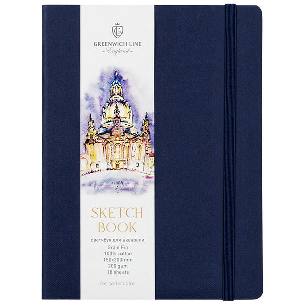 Скетчбук для акварели Greenwich Line синий на резинке 150 х 200 мм 200 г/м2, 18 листов