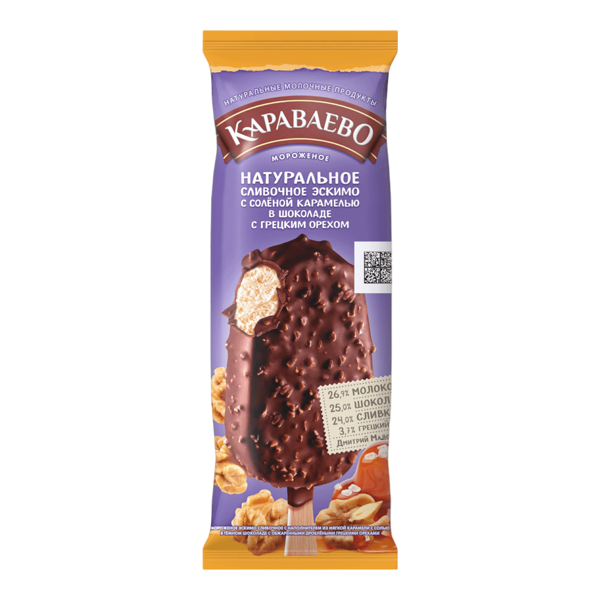 Мороженое сливочное Караваево эскимо с соленой карамелью в темном шоколаде с грецкими орехами 80 г