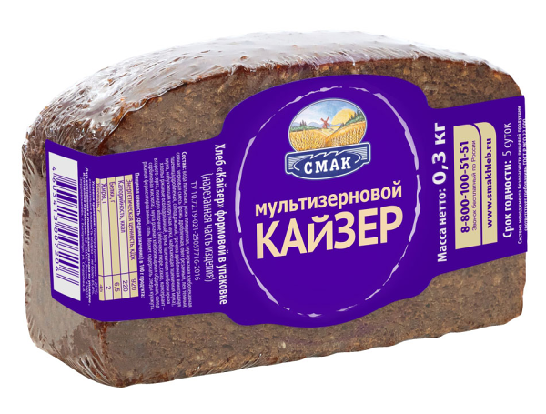 Хлеб Смак Кайзер ржано-пшеничный бездрожжевой мультизлаковый, с семенами льна, половинка