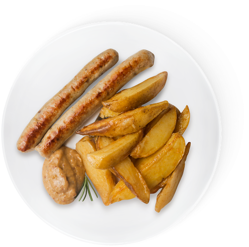Колбаски М-Кухня с соусом и картофелем
