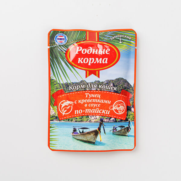 Корм влажный для кошек Родные Корма заморские тунец с креветками в соусе по-тайски 70г