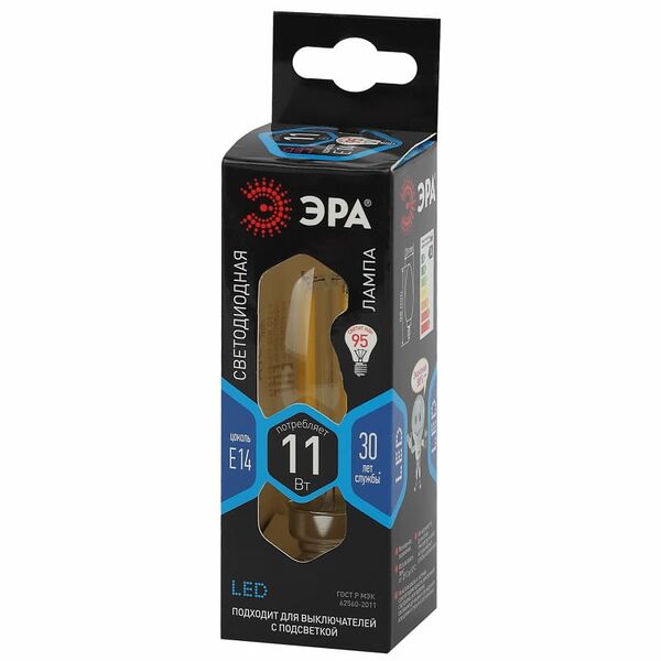 Лампа светодиодная ЭРА F-LED B35-11W-840-E14, 11Вт, филамент, свеча, нейтральный белый свет, E14, Арт. Б0046987