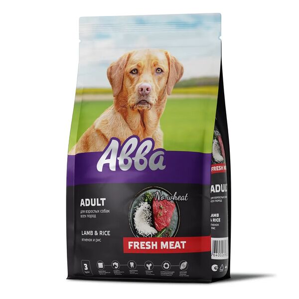 Fresh meat Корм Aвва сухой на основе свежего мяса для взрослых собак всех пород, с ягненком и рисом, 3 кг