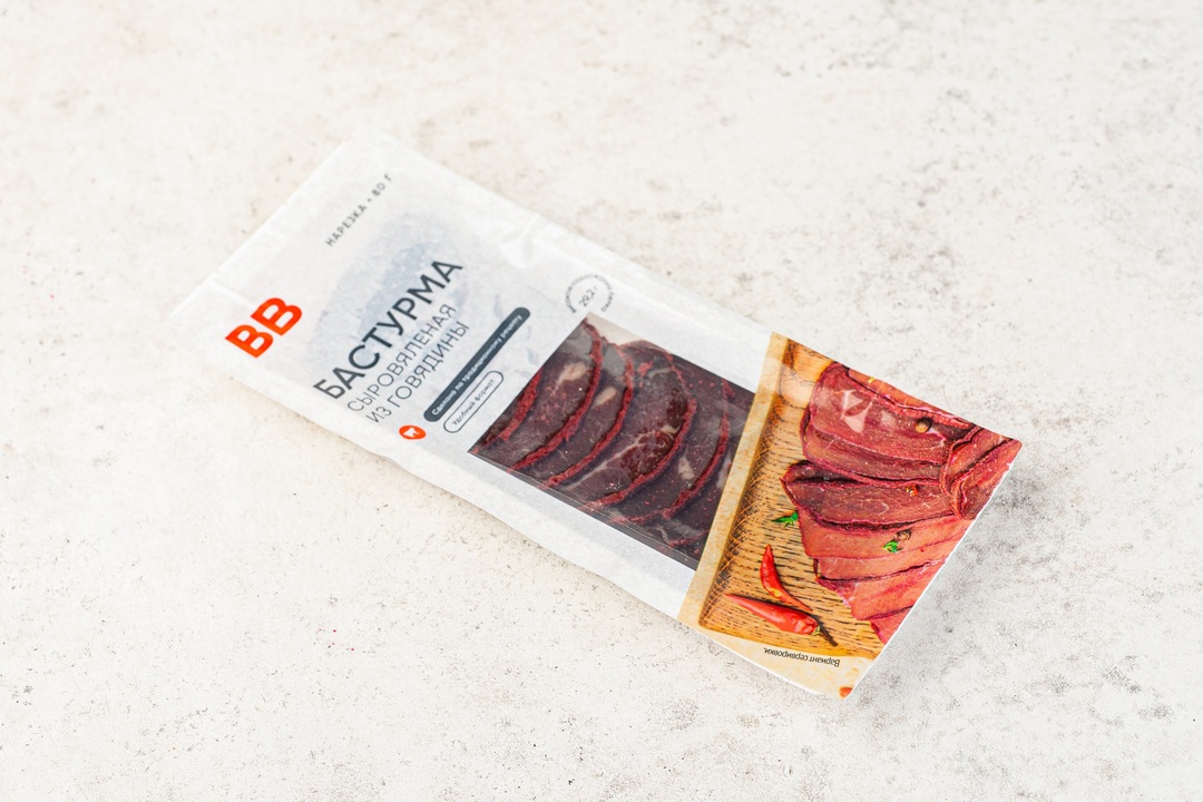 

Бастурма из говядины ВкусВилл сыровяленая, нарезка 80 г, дизайн упаковки в ассортименте