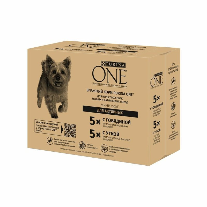 

Влажный корм Purina One Мини для активных взрослых собак мелких и карликовых пород говядина 5 шт. и утка 5 шт. x 85 г