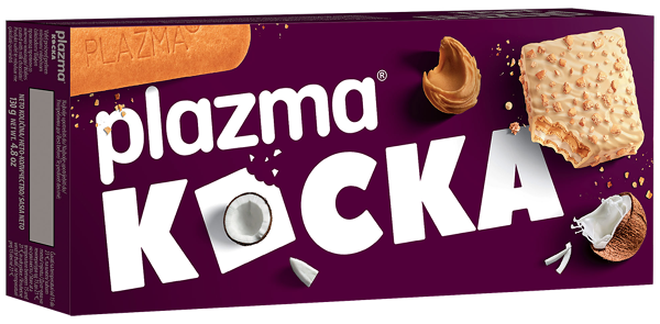 Вафли Plazma с кокосовой начинкой покрытое белым молочным шоколадом и кусочками печенья, 130 г