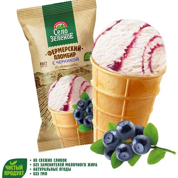 Мороженое Село Зеленое Пломбир с черникой в вафельном стаканчике 15% 70г