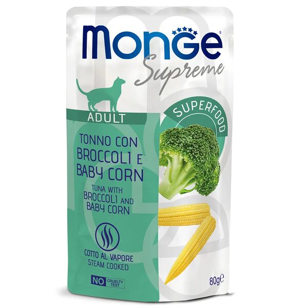 Monge Влажный корм Monge Supreme Adult cat для взрослых кошек тунец с брокколи и мини-кукурузой, 80 г