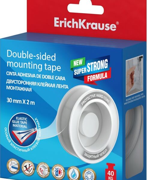 Лента клейкая ErichKrause двусторонняя монтажная прозрачная 1мм*30мм*2м