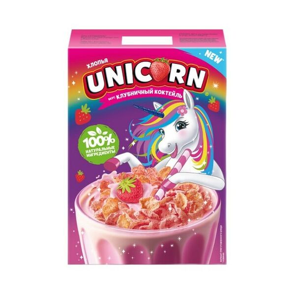 Хлопья Unicorn кукурузные со вкусом Клубничный коктейль 220г
