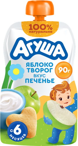 

Пюре фруктово-молочное детское Агуша Яблоко-Творог со вкусом печенья в мягкой упаковке с 6 месяцев 90 г