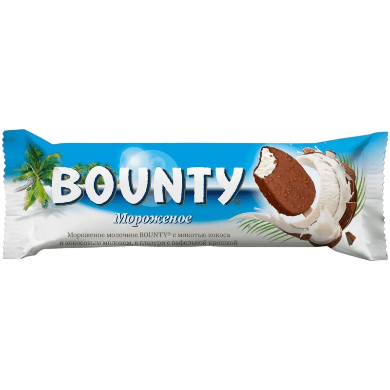 

Мороженое Bounty молочное с мякотью кокоса и кокосовым молоком в глазури с вафельной крошкой, 60 г