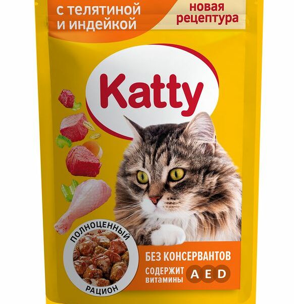 Корм Katty для кошек, с телятиной и индейкой в соусе, 85 г