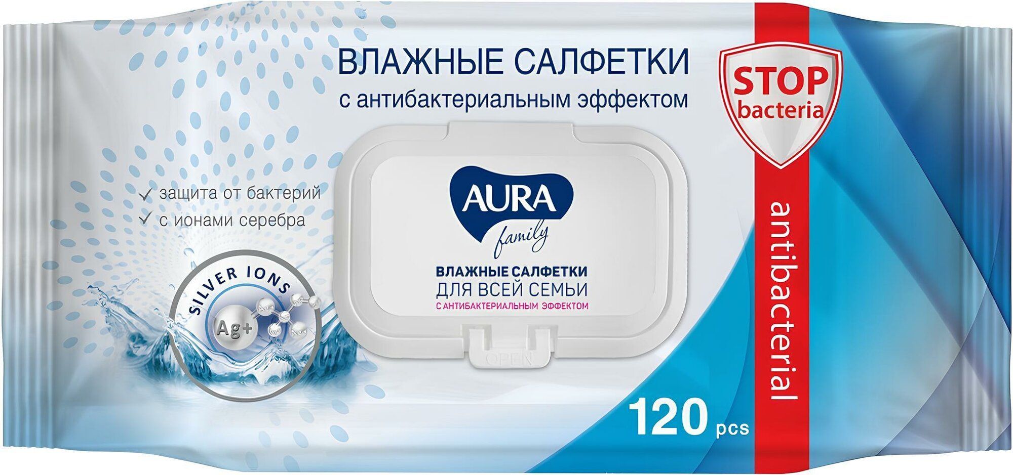 

Салфетки влажные Aura Family с антибактериальным эффектом для всей семьи с крышкой 120 шт