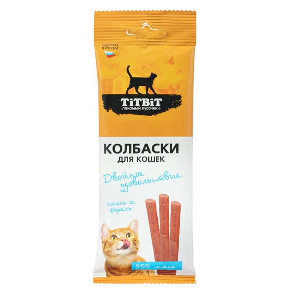 

Лакомство для кошек Titbit Колбаски Лосось и форель 45 г