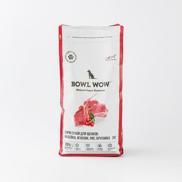 Сухой корм BOWL WOW для щенков средних пород с индейкой, ягненком, рисом и брусникой, 2кг