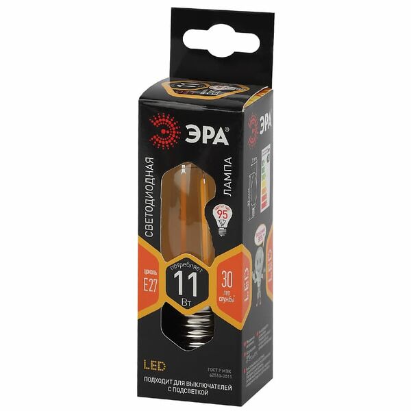 Лампа светодиодная ЭРА F-LED B35-11W-827-E27, 11Вт, филамент, свеча, теплый белый свет, E27 Арт. Б0046986