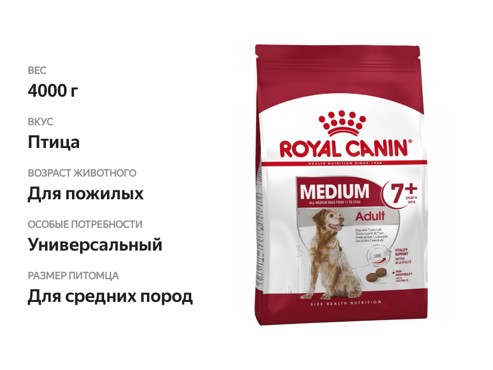 

Корм Royal Canin Medium Adult 7 и для стареющих собак средних размеров вес собаки от 11 до 25 кг в возрасте 7 лет и старше 4кг