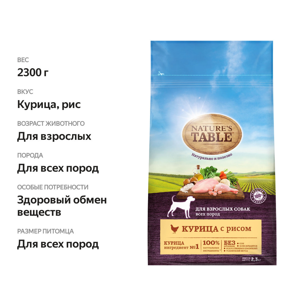 

Сухой корм для взрослых собак всех пород Nature’s Table™ Курица с рисом, 2.3кг