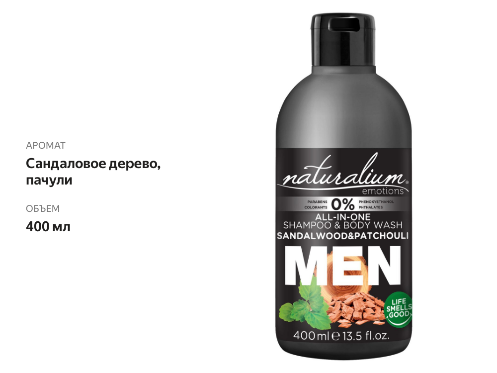 

Гель-шампунь для волос и тела мужской Naturalium Сандаловое дерево и Пачули, 400 мл