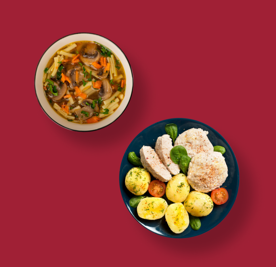 

Ланч Суп-лапша грибная 270 г + Котлеты из мяса птицы паровые с отварным картофелем Уже Готово 290 г