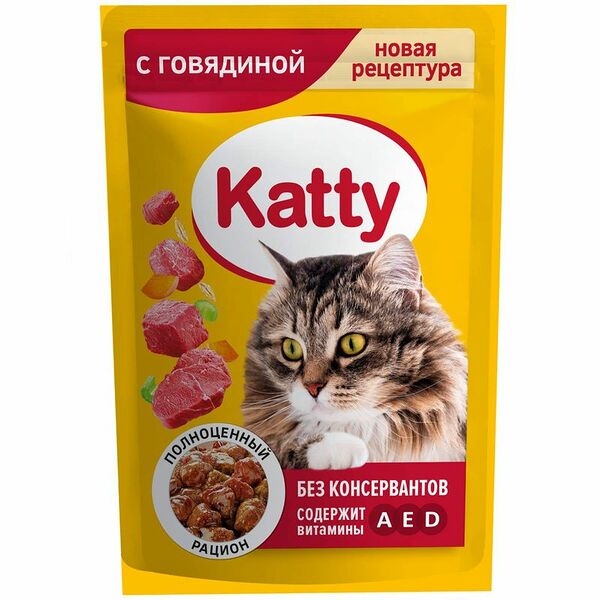 Корм влажный Katty с говядиной для кошек 85 г