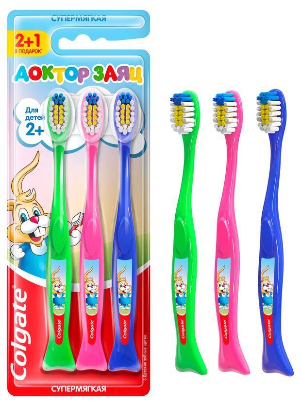 

Зубные щетки Colgate Доктор Заяц детские супермягкие 2+1, в ассортименте