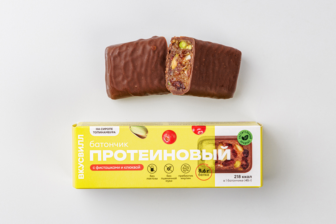 

Батончик протеиновый ВкусВилл с фисташками и клюквой, 45 г