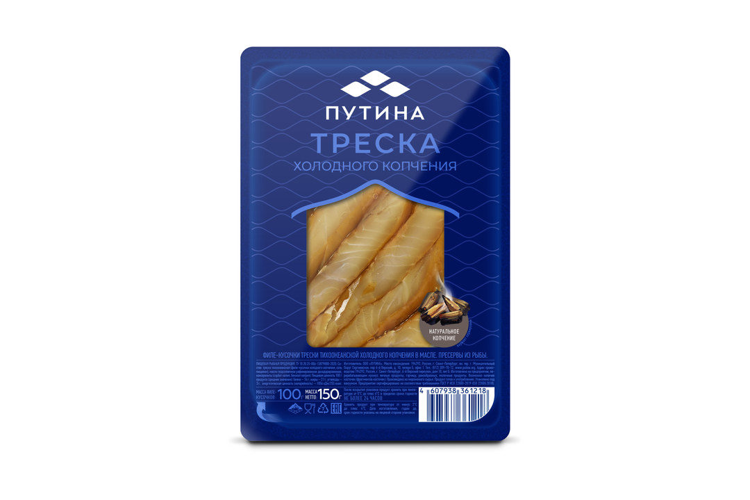 

Треска филе-кусочки Путина холодного копчения в масле 150 г