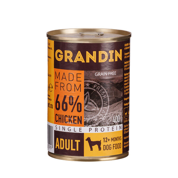 Grandin Adult Консервы для взрослых собак всех пород с курицей и льняным маслом 400 г