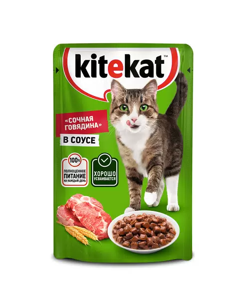 Влажный корм Kitekat для взрослых кошек с говядиной в соусе 85г