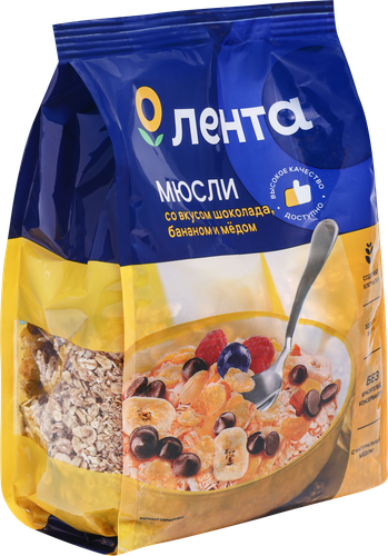 

Мюсли хрустящие ЛЕНТА с шоколадом и бананом с медом 400 г