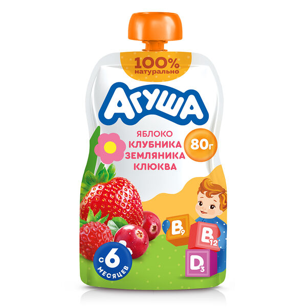 Пюре фруктово-ягодное детское Агуша яблоко, клубника, земляника, клюква, в мягкой упаковке с 6 месяцев 80 г