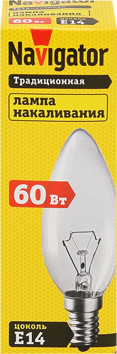 

Лампа накаливания Navigator Е14 свеча прозрачная 60Вт