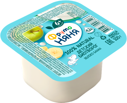 

Биотворог ФрутоНяня с яблоком и бананом обогащенный витамином D3 4.2% 100 г