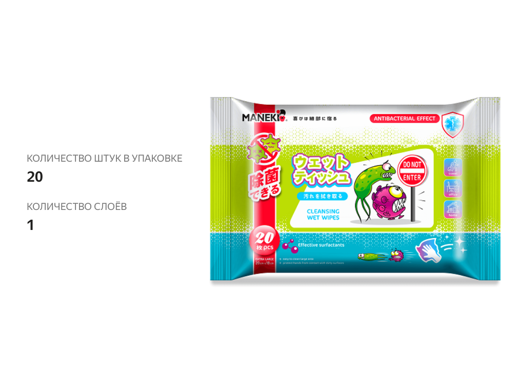 

Салфетки влажные Maneki с антибактериальным эффектом 20 шт.