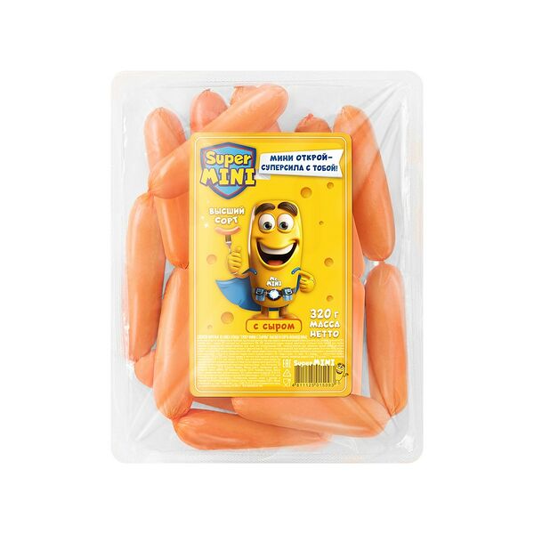 Сосиски Супер Мини с сыром в/с т/ф охл газ 0,32кг Юнимит